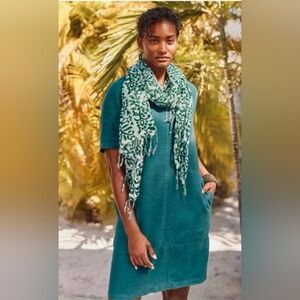 Pure Jill Dress Garment Dyed Linen Dark Teal Shift V Neck sz S Lagenlook Pockets